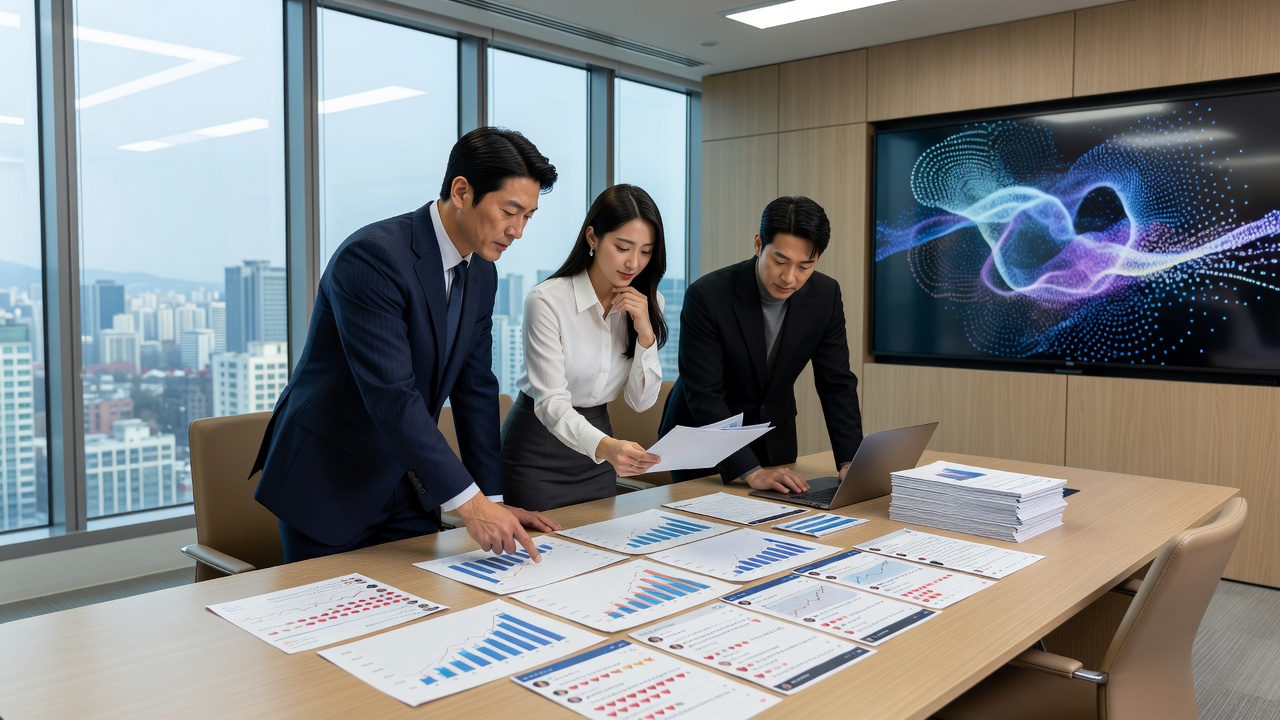 여자 아이돌 신곡 첫 주 차트 성과를 검토하는 기획사 관계자들